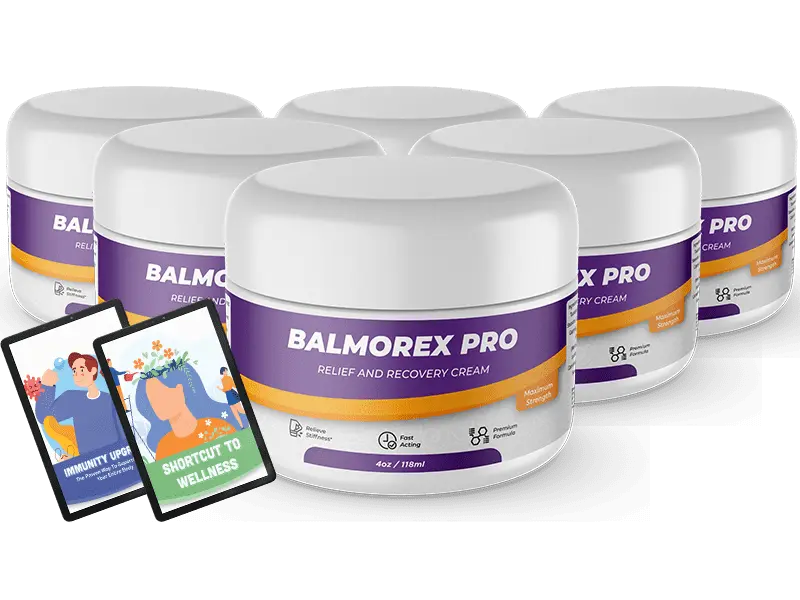 Official Balmorex Pro 6-jar maximum savings package featuring multiple cream tubs alongside the free digital bonus ebooks Shortcut to Wellness and Immunity Upgrade.