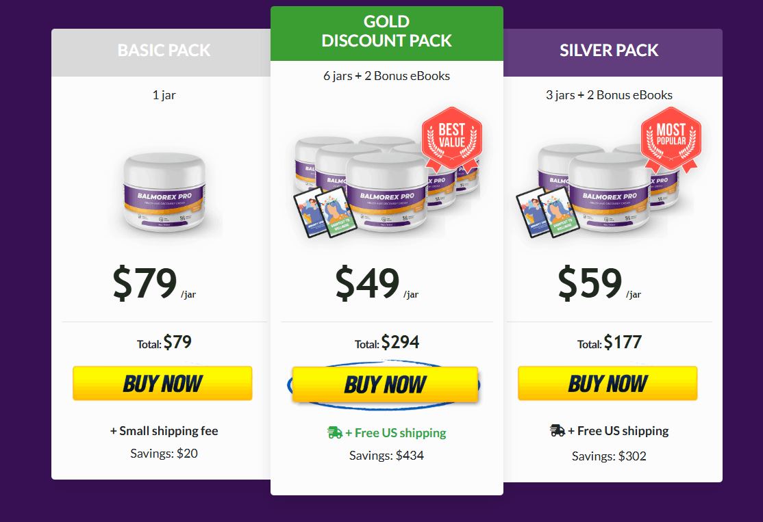 Official Balmorex Pro pricing table comparing cost packages including Basic Pack 1 jar for $79, Gold Discount Pack 6 jars for $49 per jar with free US shipping, and Silver Pack 3 jars for $59 per jar.