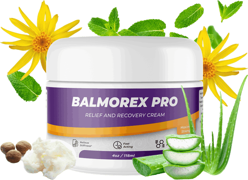 Balmorex Pro Relief and Recovery Cream 4oz tub surrounded by natural ingredients including arnica flowers, mint leaves, aloe vera vera slices, shea butter, and nutmeg to illustrate fast-acting muscle stiffness and joint pain relief.