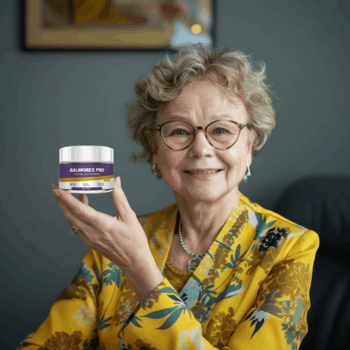 Smiling senior woman with glasses holding Balmorex Pro Relief and Recovery Cream to demonstrate effective joint pain relief and daily mobility support for older adults.